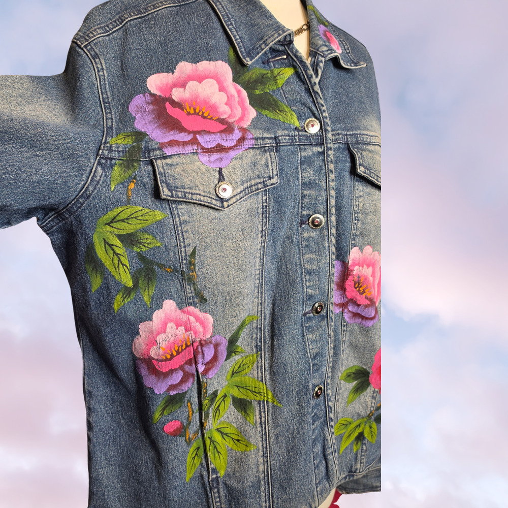 Vintage 1of1 Unique Hand Painted Roses Floral Pink Purple Peony Denim Jacket XL - Picture 2 of 6